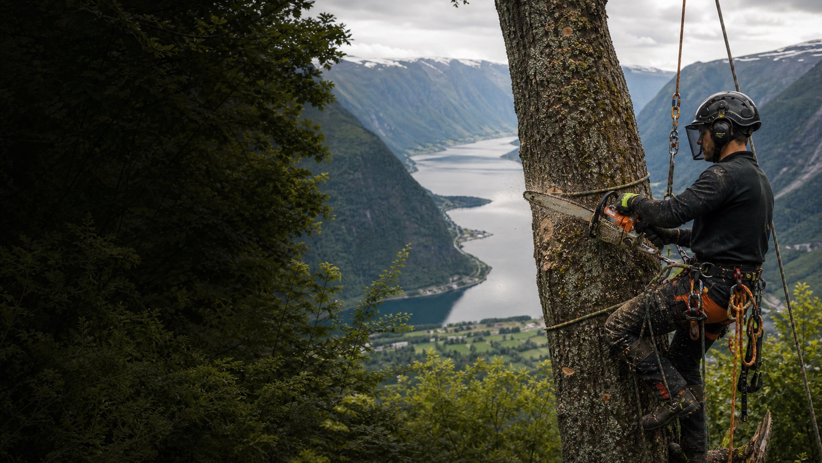 Arborist med motorsag i arbeid i et stort tre med fjordlandskap i Sogn bak
