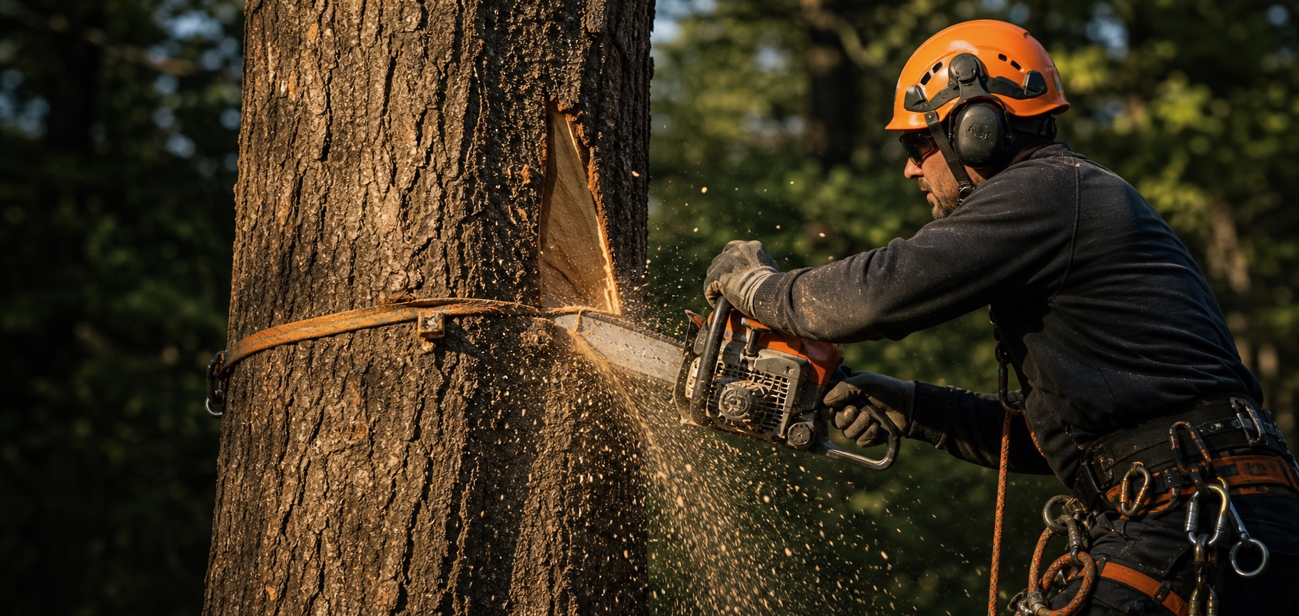 Arborist bruker motorsag ved kontrollert trefelling