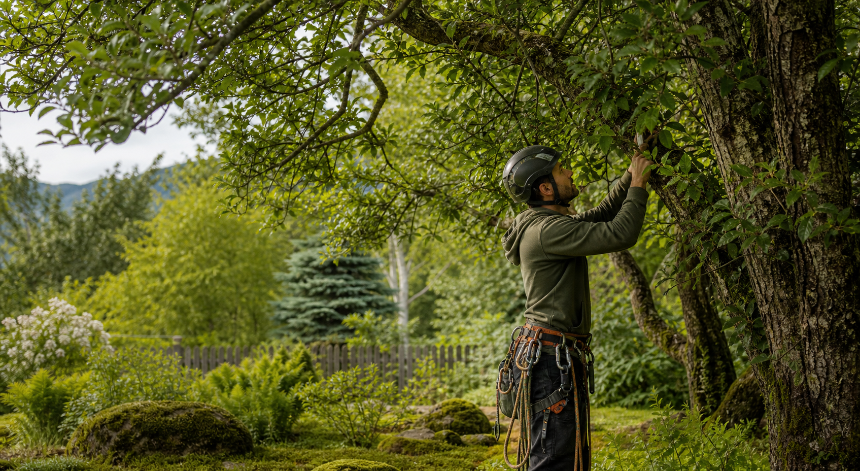 Arborist i grønt landskap med trær rundt seg